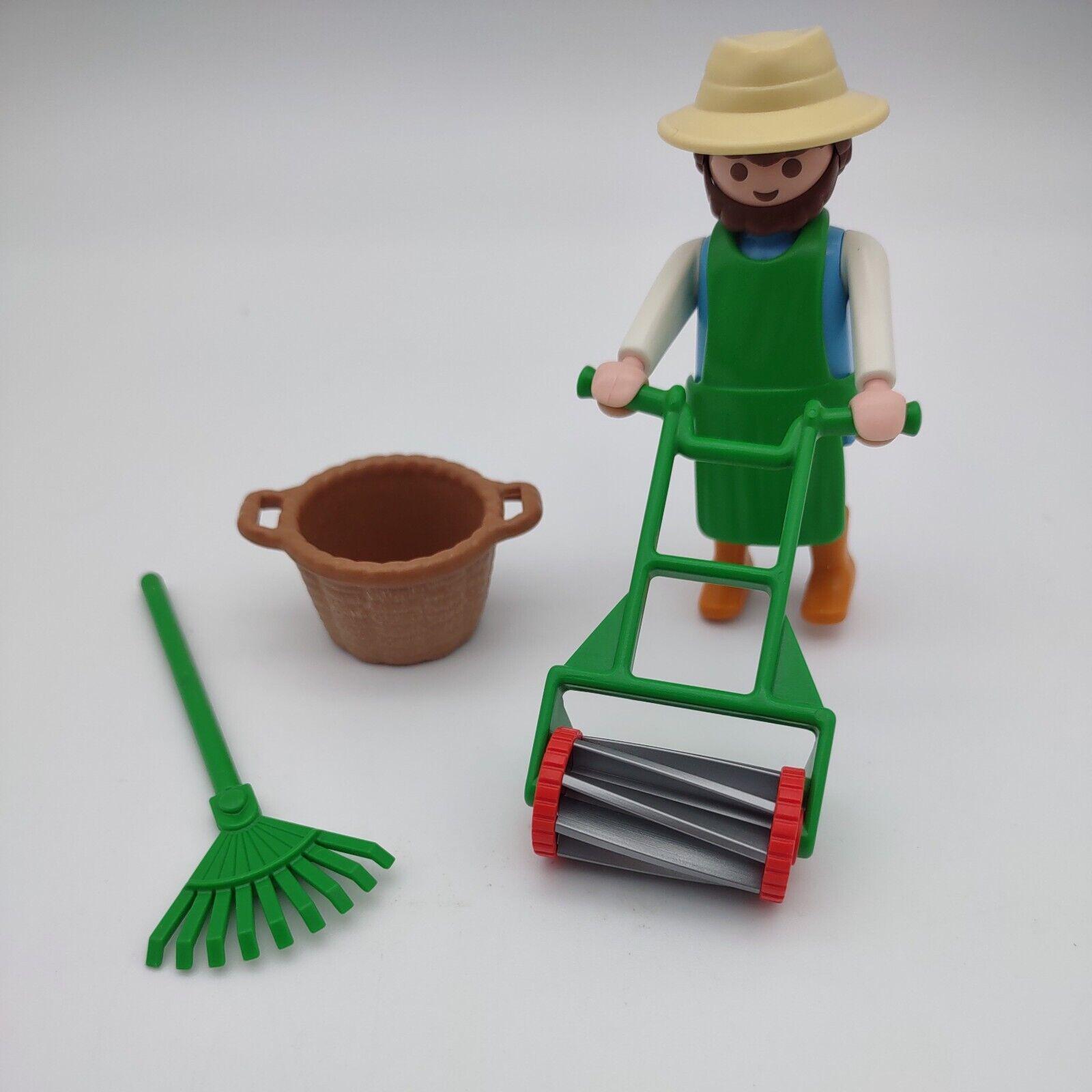Vintage Playmobil 3752 Gardener Lawnmower, Rake, Basket ~ Complete