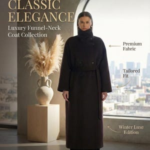 Wool Maxi Coat - Dark Chocolate Double-Breasted Trench, Funnel Neck  Valentine's Day Gift