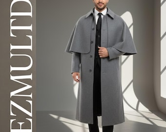 Grey Wool Inverness Cape Coat, Victorian Sherlock Holmes Style  Valentine's Day Gift