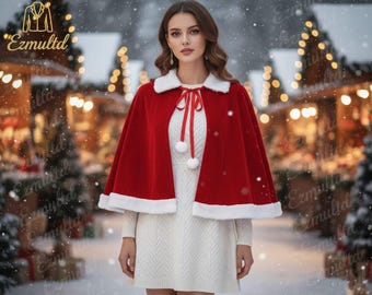 Red Velvet Christmas Cape, Faux Fur Trim, Holiday Costume