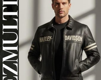 Men's Black Leather Cafe Racer Jacket | Slim Fit Motorcycle Coat Harley Davidson style