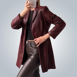 1990&#39;s Vintage Handmade Women Burgundy Leather Trench Coat Ladies Classic Maroon Leather Long Coat, Real leather trench coat Gift For Her