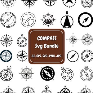 May include: A selection of black and white compass designs, including compass roses, directional arrows, and vintage pocket compasses. The image also features the text "COMPASS Svg Bundle" with file type information.
