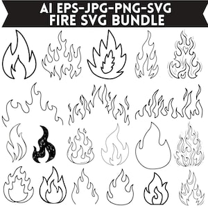 May include: A digital collection of black and white fire illustrations featuring various flame shapes and styles. The text AI EPS-JPG-PNG-SVG FIRE SVG BUNDLE is displayed at the top. The set includes multiple outlined and solid flame designs.