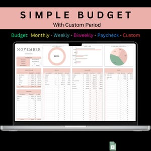 May include: A laptop screen displaying a budget spreadsheet with the title "SIMPLE BUDGET" and the month "NOVEMBER". The spreadsheet includes sections for cash flow, income, expenses, and debt. The spreadsheet is designed to help users track their finances and create a budget.