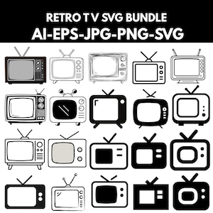 May include: A digital collection of twenty retro television icons arranged in a grid. The text at the top reads RETRO TV SVG BUNDLE AI-EPS-JPG-PNG-SVG. Each icon features a unique black and white line art or silhouette design of a vintage TV.