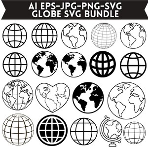 Könnte beinhalten: Eine digitale Sammlung von Globus-Grafiken mit verschiedenen schwarz-weißen Designs, darunter gitterförmige Kugeln, Weltkarten, ein herzförmiger Globus und ein Schreibtisch-Globus-Symbol. Der Text AI EPS-JPG-PNG-SVG GLOBE SVG BUNDLE steht oben.
