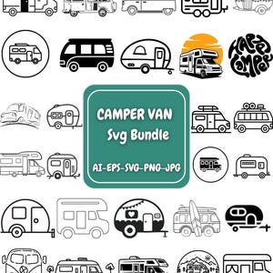 Pode incluir: Ilustrações em preto e branco de autocaravanas e caravanas. A imagem inclui um retângulo turquesa com o texto "CAMPER VAN SVG BUNDLE" e informações sobre tipos de arquivo.