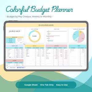 May include: A colorful budget planner spreadsheet template for Google Sheets. The template includes a dashboard with charts and tables to track income, expenses, bills, and debt. The template is designed to help users manage their finances and stay on track with their budget.