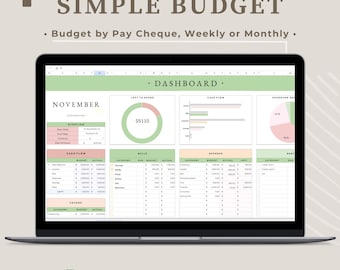 May include: A laptop screen displaying a Google Sheet budget template with the title "SIMPLE BUDGET". The template is designed for budgeting by paycheque, weekly or monthly. The sheet includes a dashboard with sections for overview, cash flow, bills, expenses, and debt. The dashboard also includes charts and graphs to visualize spending and income.
