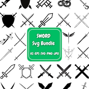 May include: A collection of black and white sword designs in various styles. The image includes crossed swords, swords with shields, and swords with decorative elements. A green rectangle displays the text "SWORD Svg Bundle".