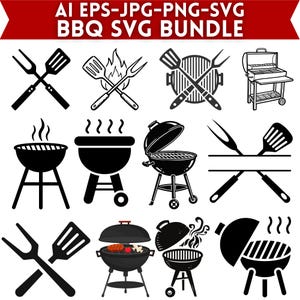 Puede incluir: Una colección digital de iconos en blanco y negro con temática de barbacoa que incluye varias parrillas de carbón, espátulas y tenedores. El banner superior muestra el texto AI EPS-JPG-PNG-SVG BBQ SVG BUNDLE. Los iconos muestran utensilios.