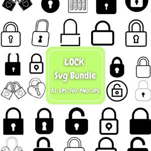 May include: A collection of black and white lock illustrations in various styles, including padlocks, combination locks, and heart-shaped locks. The image includes the text "LOCK Svg Bundle" with file type indicators.