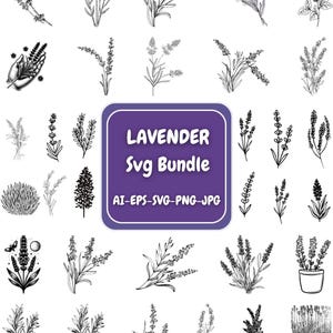 Puede incluir: Una colección de ilustraciones en blanco y negro de lavanda. La imagen incluye varias representaciones de ramitas de lavanda, ramos y flores individuales. Un cuadrado morado en el centro dice "LAVENDER Svg Bundle" con información del tipo de archivo.
