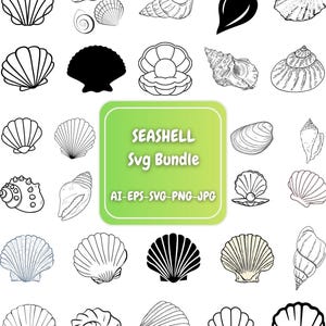 Puede incluir: Ilustraciones de conchas marinas en varios estilos, desde dibujos lineales detallados hasta siluetas negras sólidas. La imagen incluye un rectángulo verde y blanco con el texto "Seashell Svg Bundle". Formatos: AI, EPS, SVG, PNG y JPG.