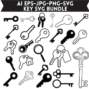 May include: A digital collection of various black and white key illustrations, including skeleton keys, modern house keys, and keys on rings. The top banner features the text AI EPS-JPG-PNG-SVG KEY SVG BUNDLE in white on a black background.