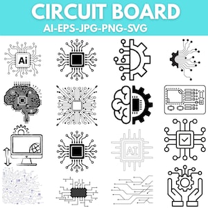 Puede incluir: Una colección de iconos digitales en blanco y negro que muestran placas de circuito, microchips, procesadores informáticos e híbridos de cerebro y engranaje. El texto CIRCUIT BOARD AI-EPS-JPG-PNG-SVG aparece en la parte superior.