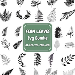 May include: A collection of black fern leaf designs in various shapes and sizes. The image includes a green square with the text "FERN LEAVES Svg Bundle" and file type information. These botanical illustrations are suitable for digital art projects.