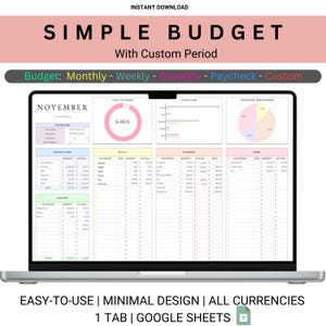Op de afbeelding: Een laptopscherm dat een Google Sheets-spreadsheet toont met een eenvoudige budgetsjabloon. De spreadsheet heeft de titel "Simple Budget" en bevat secties voor inkomsten, uitgaven, rekeningen en schulden. De spreadsheet bevat ook een grafiek die de uitgavenverdeling laat zien. De spreadsheet is ontworpen voor gebruik met Google Sheets en is gemakkelijk te gebruiken. De spreadsheet is ontworpen voor gebruik met alle valuta.