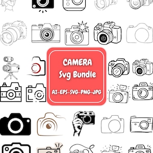 Puede incluir: Una colección de ilustraciones de cámaras en blanco y negro en varios estilos. La imagen incluye un cuadrado rojo con el texto "CAMERA Svg Bundle" e información de tipos de archivo.