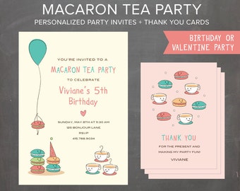 Girls Personalized Macaron Tea Party  Invites and Thank You Cards