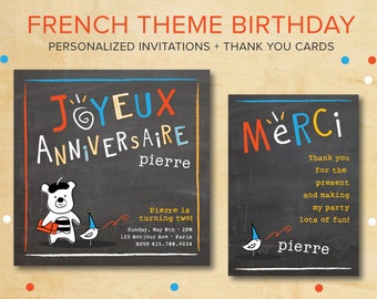 Kids Personalized French Birthday Invites and Thank You Cards