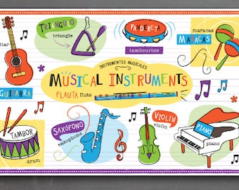 Musical Instruments Placemat in Spanish OR French