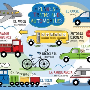 May include: A colorful illustration of various vehicles, including a fire truck, school bus, ambulance, car, bicycle, airplane, and train. The illustration is titled "Planes, Trains and Automobiles" and includes the Spanish words for each vehicle.
