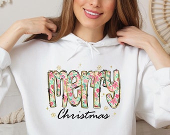 Vrolijk kerstfeest hoodie met bloemen - leuke grafische kersttrui, feestelijk kerstsweater, gezellige uniseks winterkleding