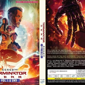 May include: A DVD cover for Terminator Zero Vol. 1-8 End featuring a collage of characters, a robotic hand reaching down, and fiery orange and red background elements. The front displays the title text, while the back includes a synopsis, technical specifications, and a barcode.