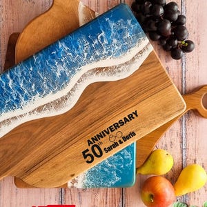Personalized 50th Anniversary Walnut Charcuterie Board, Ocean Resin Wave Design