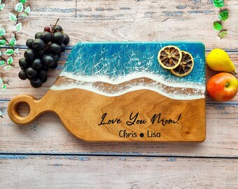 Handmade Ocean Resin Walnut Charcuterie Board for Mom, Personalized Mother’s Day Gift from Daughter