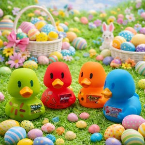 Juego de patitos de goma con forma de caramelos de Pascua: patitos de Reese's, Mike & Ike, Jolly Rancher y Hot Tamales. Ideal para rellenar la cesta de Pascua. Un regalo adorable para los amantes de los dulces.