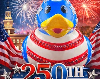 Patriotic Rhinestone Rubber Duck – 3” USA 250th Anniversary Decor – American Flag Collectible