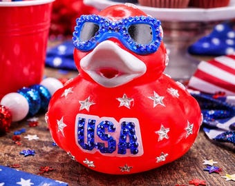 Patriotic USA Rhinestone Rubber Duck – 3” Red White Blue Duck – 4th of July Decor – American Flag Duck – Gift, Jeep Ducking, Party Favor