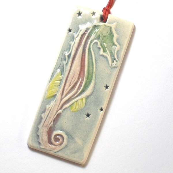 SEAHORSE & STARS handmade ceramic LARGE gift tag, bag charm, mini ornament, pendant, light/fan chain zipper pull watercolor glazed by