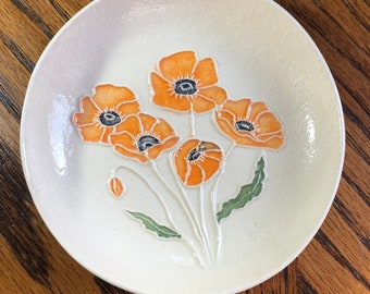 California Poppies Ring Dish! Handmade Ceramic Ring, Treat, Soap or Trinket Dish. Unique, lightweight, gift! Arrives gift bagged!      #g11