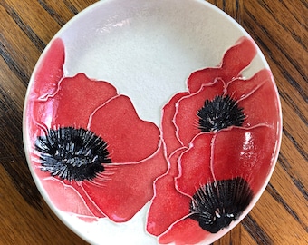 Red Poppies!  Handmade Lightweight Ceramic Ring, Treat or Soap Dish. Unique, lightweight, lovely & includes gift bag!   R2