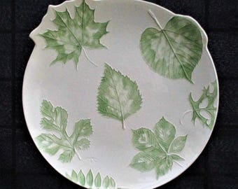 Green Watercolor Leaves 12" Large Ceramic Wall Hanging art 100% handmade handcarved one of a kind original
