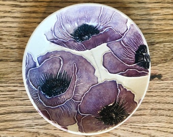 Ceramic Ring Dish! Purple Poppies! Handmade, one of a kind for jewelry, treats, etc. A gorgeous gift. Arrives nicely gift bagged!     PP #3