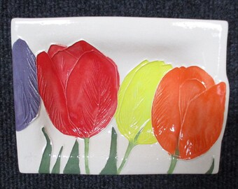 One of a Kind, small space Wall Art. Tulips!100% Handmade Ceramic for Wall or Table. Textured, Lightweight Home Decor makes a unique gift.