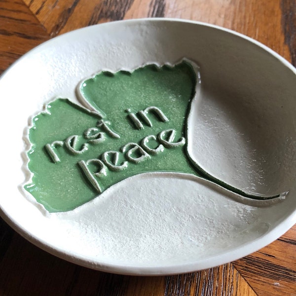 Handmade Ceramic Dish for Rings, Trinkets, Treats, Soap & more wishes Rest In Peace. Uniquel textured. Arrives tastefully gift bagged!