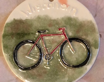 Wisconsin Bicycle Ornament! Handmade & hand glazed ceramic ornament salutes bicycling. A thoughtful gift. Arrives neatly gift bagged!