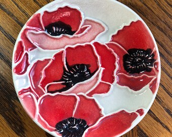 Red Poppies!  Handmade Lightweight Ceramic Ring, Treat or Soap Dish. Unique, lightweight, lovely & includes gift bag!   R3