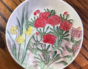 Handmade Ceramic Dish for rings, soap, snacks, Anything!, Handcarved original Mom's Rose Garden design. Arrives nicely gift bagged!       G9