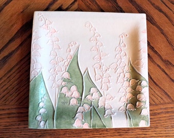 Lily of the Valley 7.5" Square Ceramic Wall Hanging sculpture in natural white, green and whisper soft pink flowers, OOAK, 100% handmade