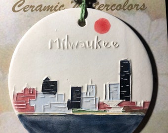 MILWAUKEE SKYLINE locally handmade ceramic watercolor ornament. Amazingly light, arrives in it’s own reusable gift bag!