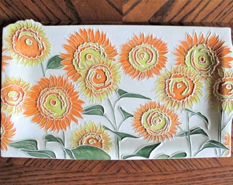 Wall Hanging SUNFLOWERS with Unique Live Edge! One of a kind ceramic original! 100% handmade. Hangs easily! Now with free shipping!