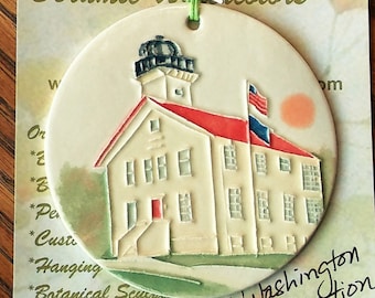 PORT WASHINGTON LIGHTSTATION Ornament. Handmade ceramic features Lake Michigan Wisconsin Lighthouse. Arrives neatly gift bagged!