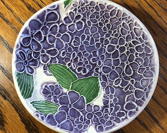 Hydrangeas! Hand carved, Hand glazed, Lightweight Ceramic Ring, Treat or Soap Dish. Unique, lightweight & lovely. Arrives gift bagged!   H2